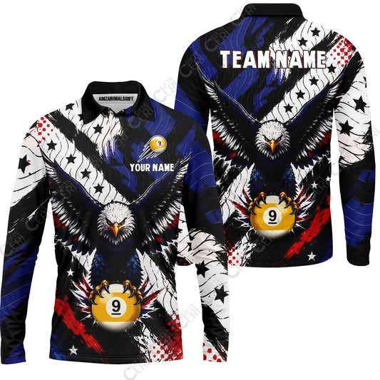 Customized 9 Ball Pool Long Sleeve Polo Shirt, Eagle Holding Ball American Flag 9-ball, Personalized Billiards Jersey
