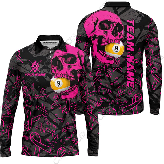 Customized 9 Ball Pool Long Sleeve Polo Shirt, Billiard Pink Skull 9-Ball, Personalized Billiards Jersey