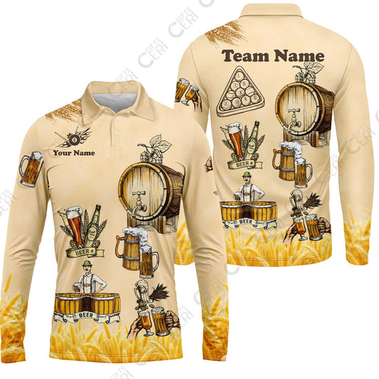 Customized 8 Ball Pool Long Sleeve Polo Shirt, Beer 3 Scale Billiard 8-Ball, Personalized Billiards Jersey