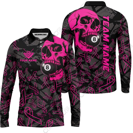 Customized 8 Ball Pool Long Sleeve Polo Shirt, Billiard Pink Skull, Personalized Billiards Jersey