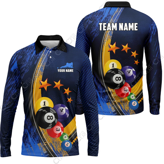 Customized 8 Ball Pool Long Sleeve Polo Shirt, Brush Paint Billiards 8-Ball, Personalized Billiards Jersey