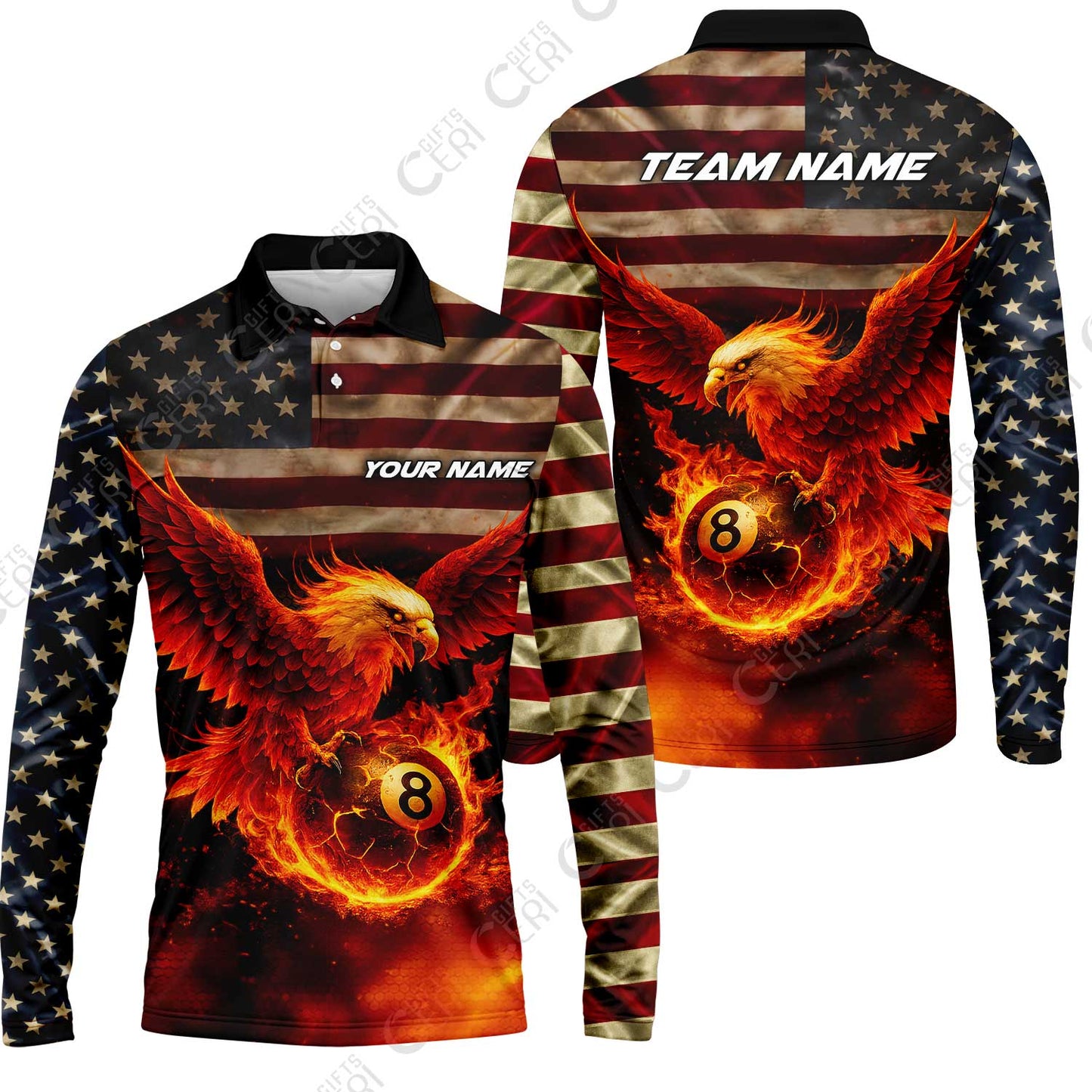 Customized 8 Ball Pool Long Sleeve Polo Shirt, Billiards 8-Ball American Flag Fire Eagle, Billiards Jerseys
