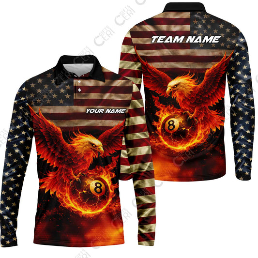 Customized 8 Ball Pool Long Sleeve Polo Shirt, Billiards 8-Ball American Flag Fire Eagle, Billiards Jerseys