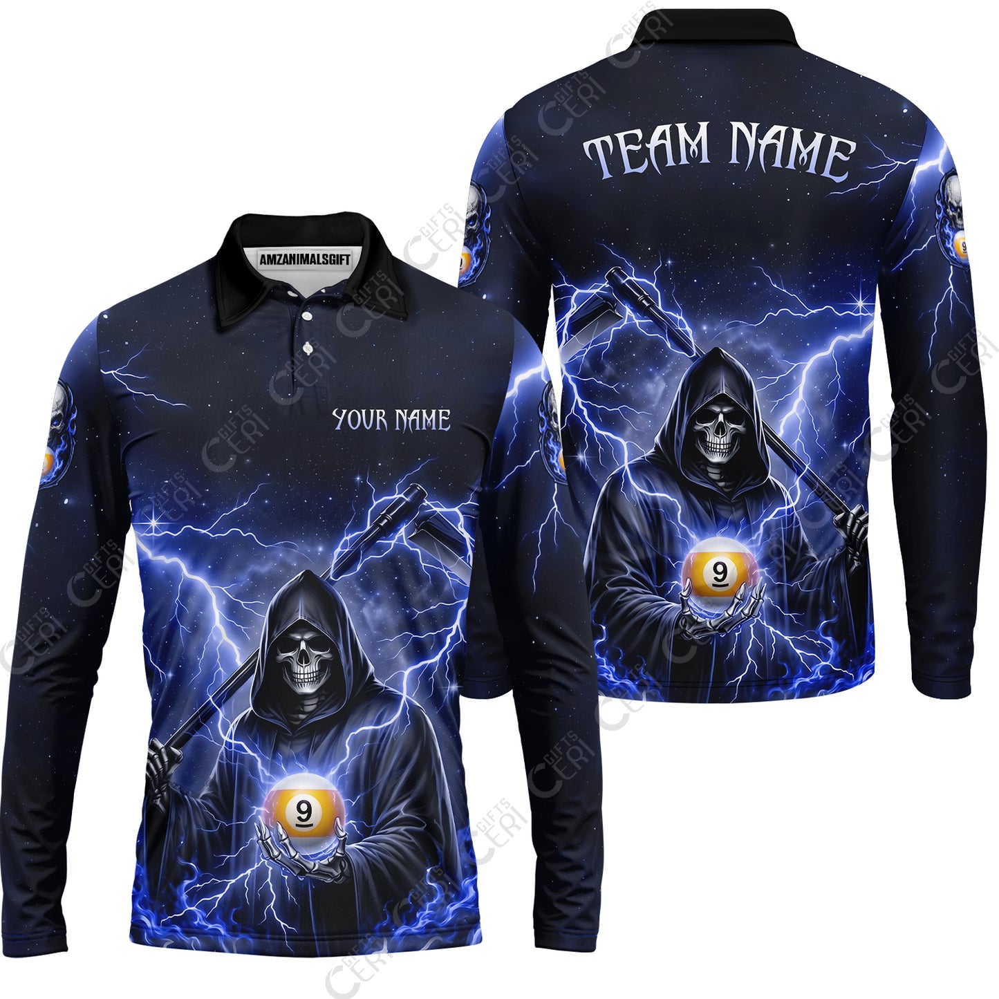 Customized 9 Ball Pool Long Sleeve Polo Shirt, Lightning And Flame Grim Reaper With 9 Ball, Personalized Billiards Jersey