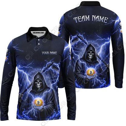 Customized 9 Ball Pool Long Sleeve Polo Shirt, Lightning And Flame Grim Reaper With 9 Ball, Personalized Billiards Jersey