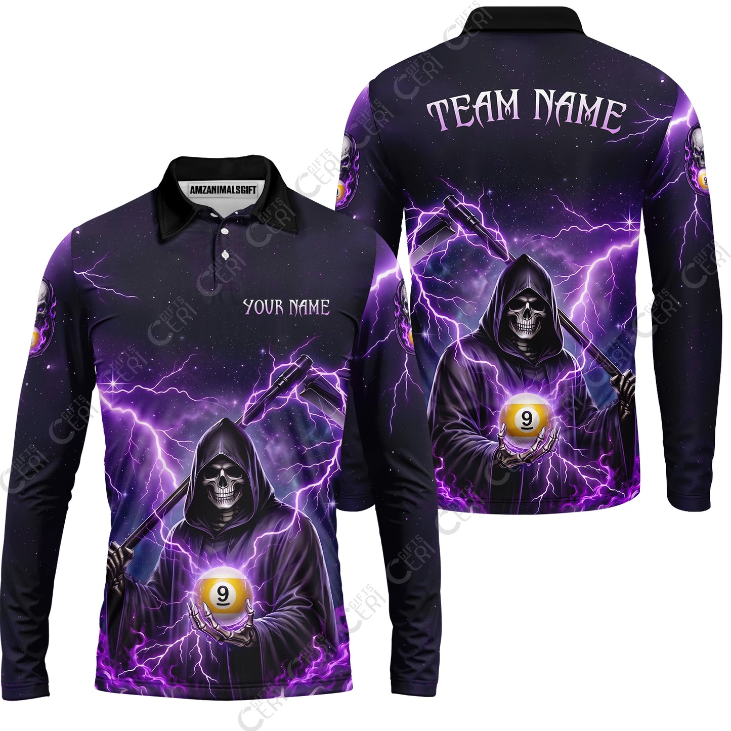 Customized 9 Ball Pool Long Sleeve Polo Shirt, Lightning And Flame Grim Reaper With 9 Ball, Personalized Billiards Jersey