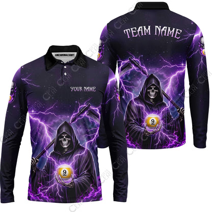 Customized 9 Ball Pool Long Sleeve Polo Shirt, Lightning And Flame Grim Reaper With 9 Ball, Personalized Billiards Jersey