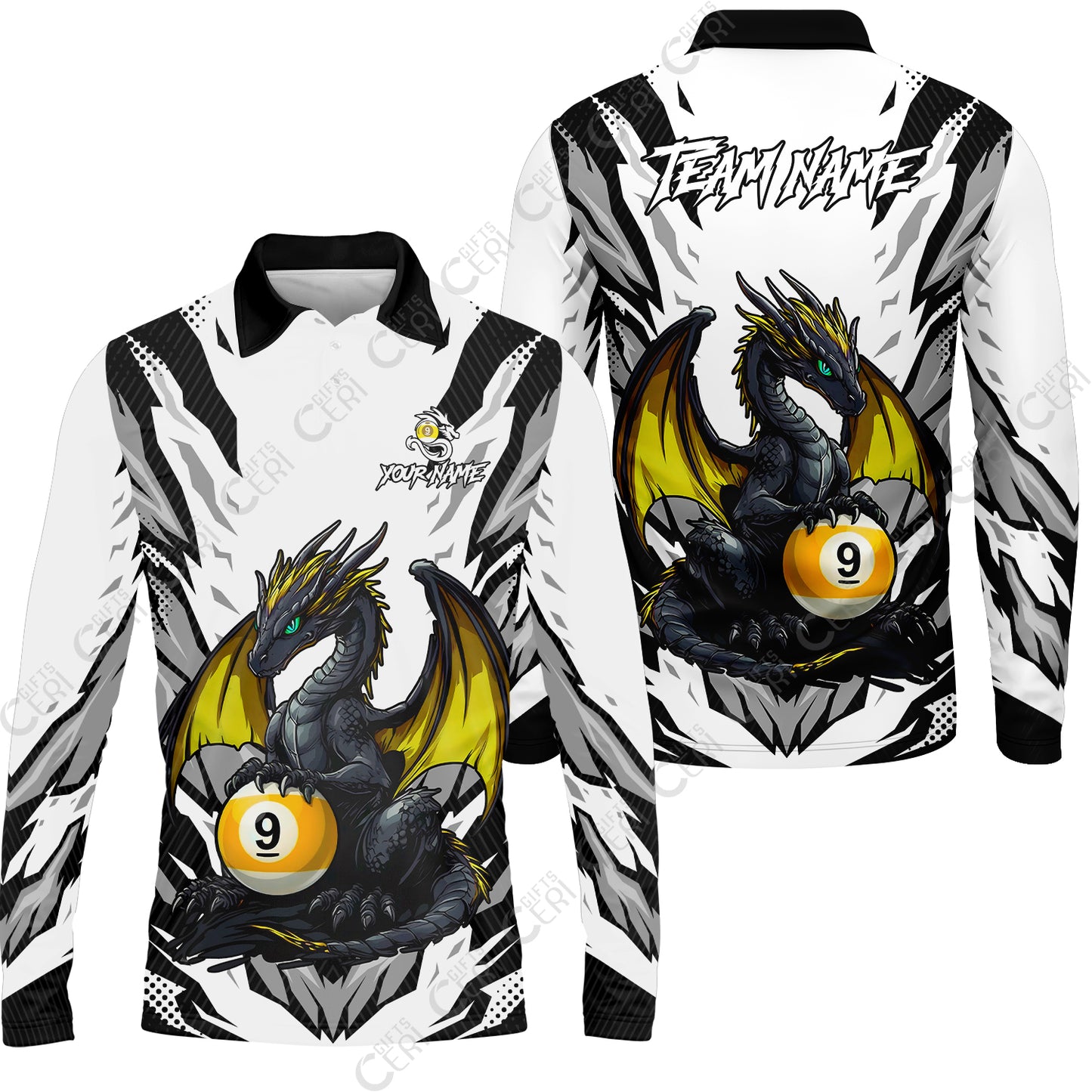 Customized Billiards Long Sleeve Polo Shirt, Personalized Baby Dragon 9 Ball Jersey Gift For Billiard Players