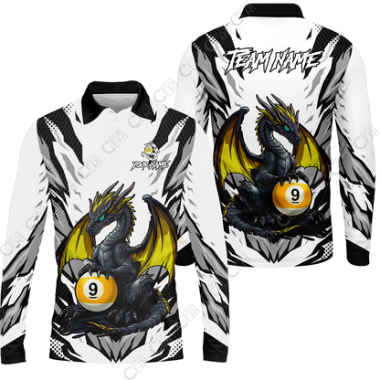 Customized Billiards Long Sleeve Polo Shirt, Personalized Baby Dragon 9 Ball Jersey Gift For Billiard Players