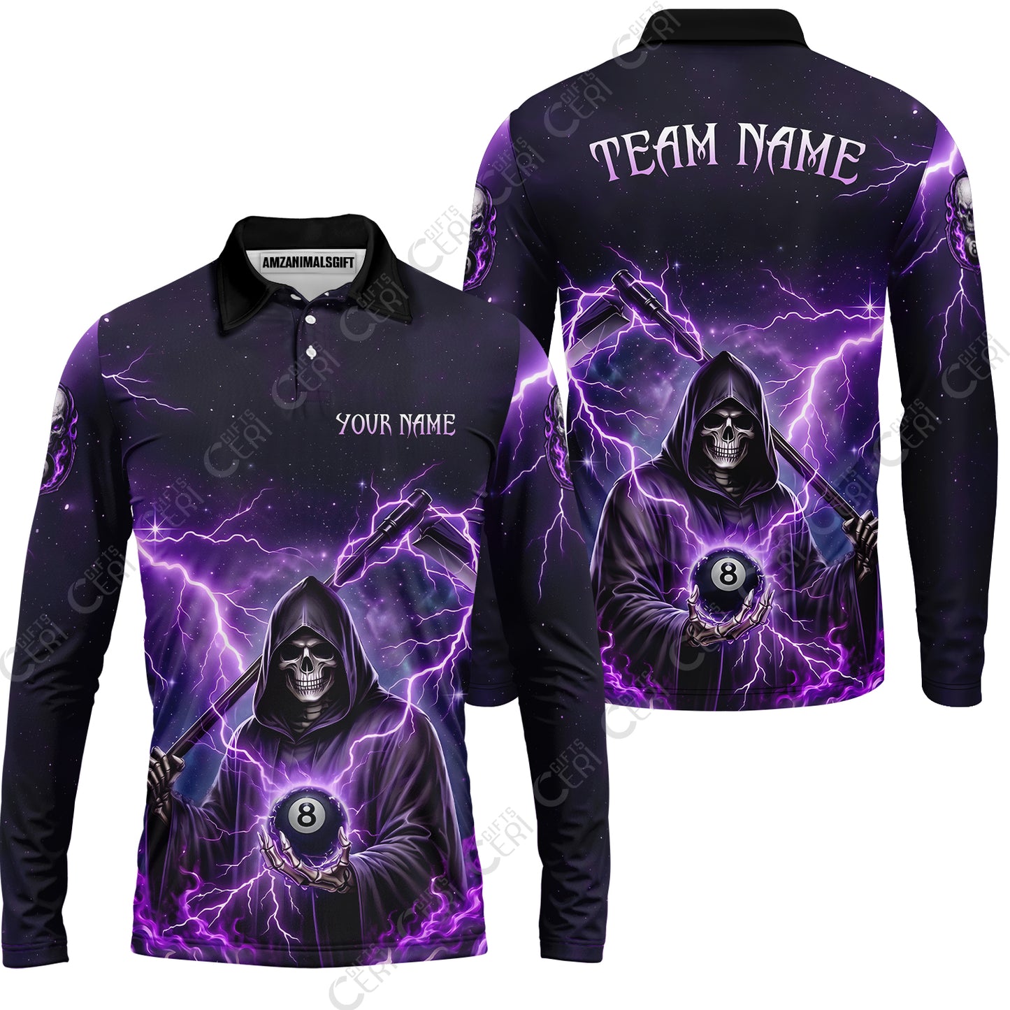 Customized 8 Ball Pool Long Sleeve Polo Shirt, Lightning And Flame Grim Reaper With 8 Ball, Personalized Billiards Jersey