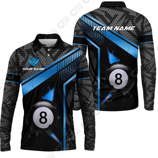 Customized Billiards Long Sleeve Polo Shirt, Personalized Hexagonal Patterns With A Cracked Glass 8 Ball Jersey