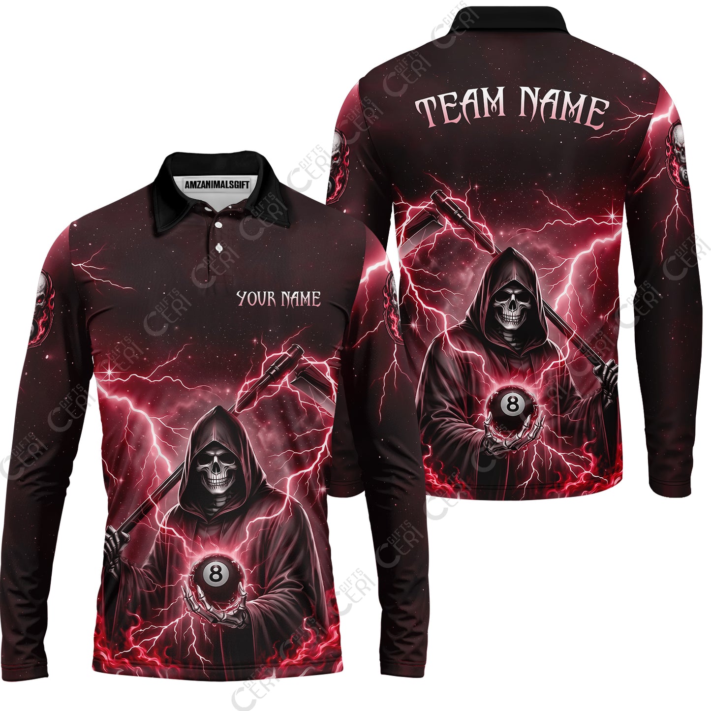 Customized 8 Ball Pool Long Sleeve Polo Shirt, Lightning And Flame Grim Reaper With 8 Ball, Personalized Billiards Jersey