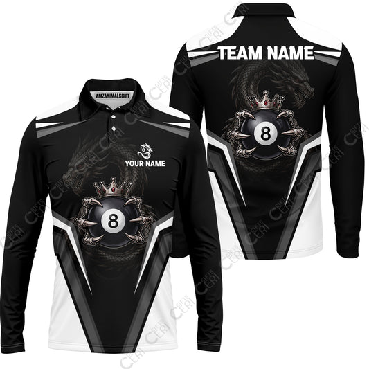 Customized 8 Ball Pool Long Sleeve Polo Shirt, Dragon's Holding 8-Ball, Personalized Billiards Jersey