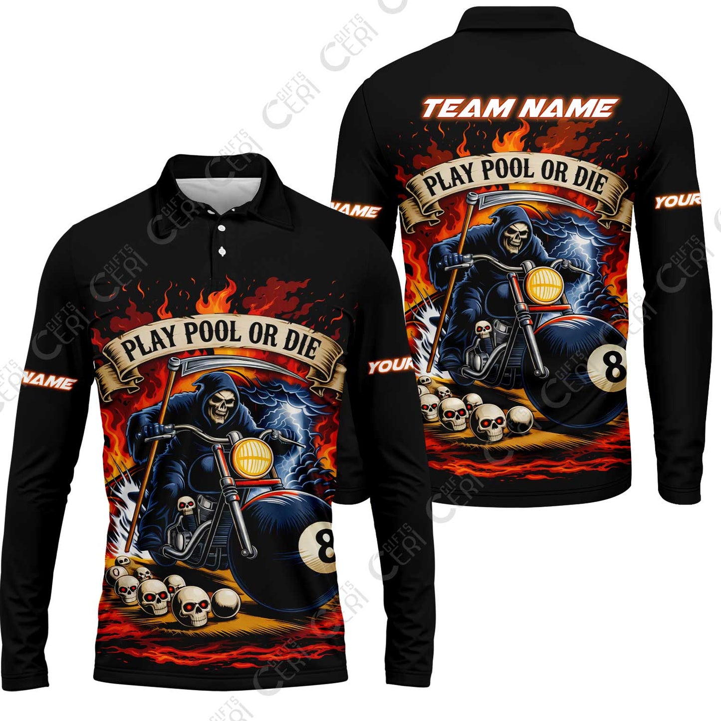 Customized 8 Ball Pool Long Sleeve Polo Shirt, Billiards 8-Ball Hell Riders, Billiards Jerseys