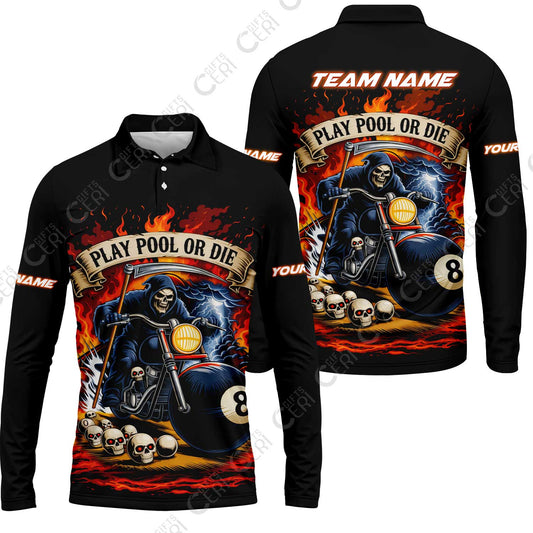 Customized 8 Ball Pool Long Sleeve Polo Shirt, Billiards 8-Ball Hell Riders, Billiards Jerseys