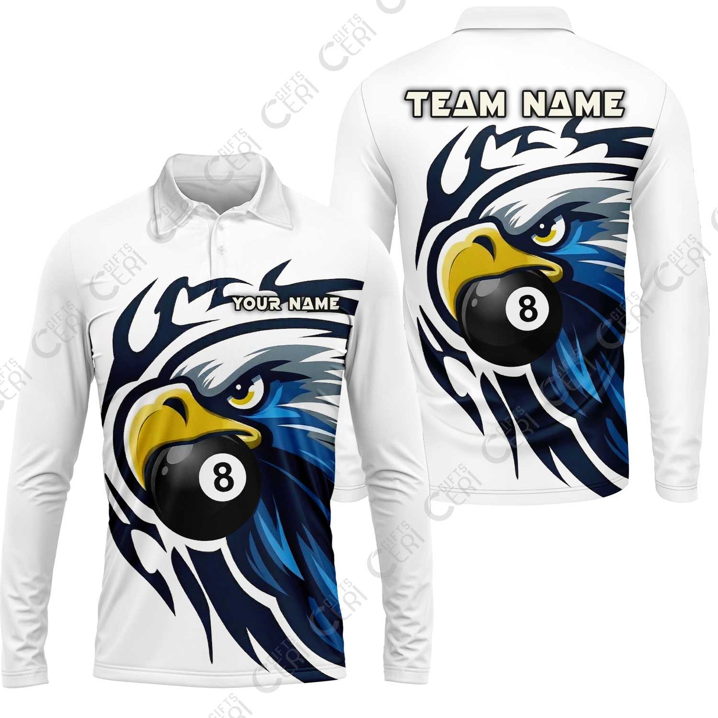 Customized 8 Ball Pool Long Sleeve Polo Shirt, Eagle Eye 8-Ball, Personalized Billiards Jersey
