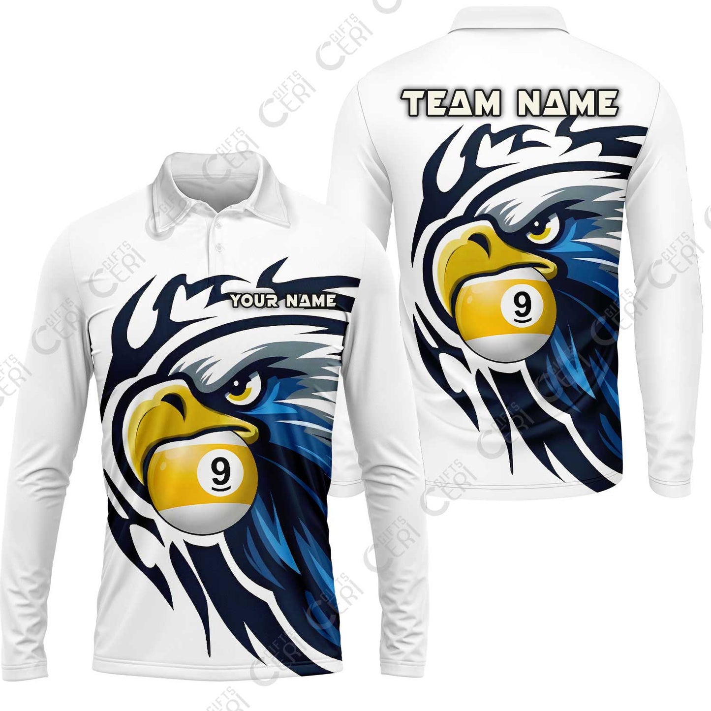 Customized 9 Ball Pool Long Sleeve Polo Shirt, Eagle Eye 9-Ball, Personalized Billiards Jersey