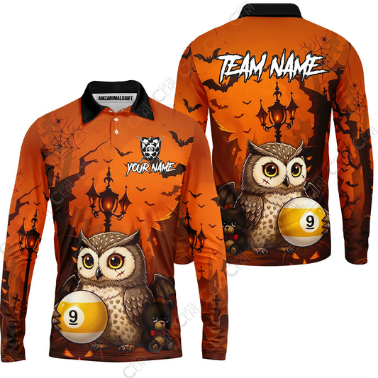 Customized 9 Ball Pool Long Sleeve Polo Shirt, Halloween Owl Holding 9-Ball, Personalized Billiards Jersey