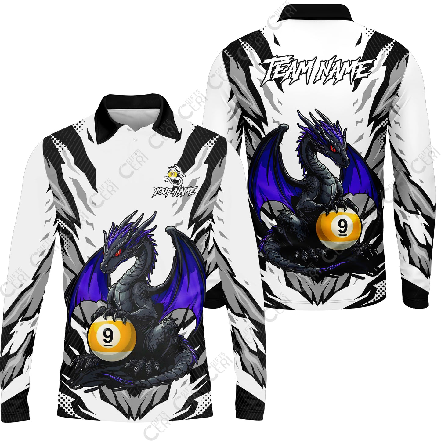 Customized Billiards Long Sleeve Polo Shirt, Personalized Baby Dragon 9 Ball Jersey Gift For Billiard Players
