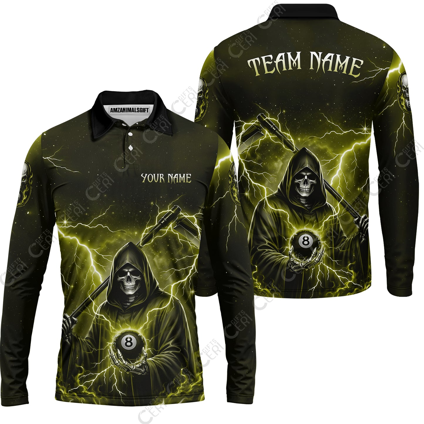 Customized 8 Ball Pool Long Sleeve Polo Shirt, Lightning And Flame Grim Reaper With 8 Ball, Personalized Billiards Jersey