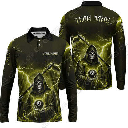 Customized 8 Ball Pool Long Sleeve Polo Shirt, Lightning And Flame Grim Reaper With 8 Ball, Personalized Billiards Jersey