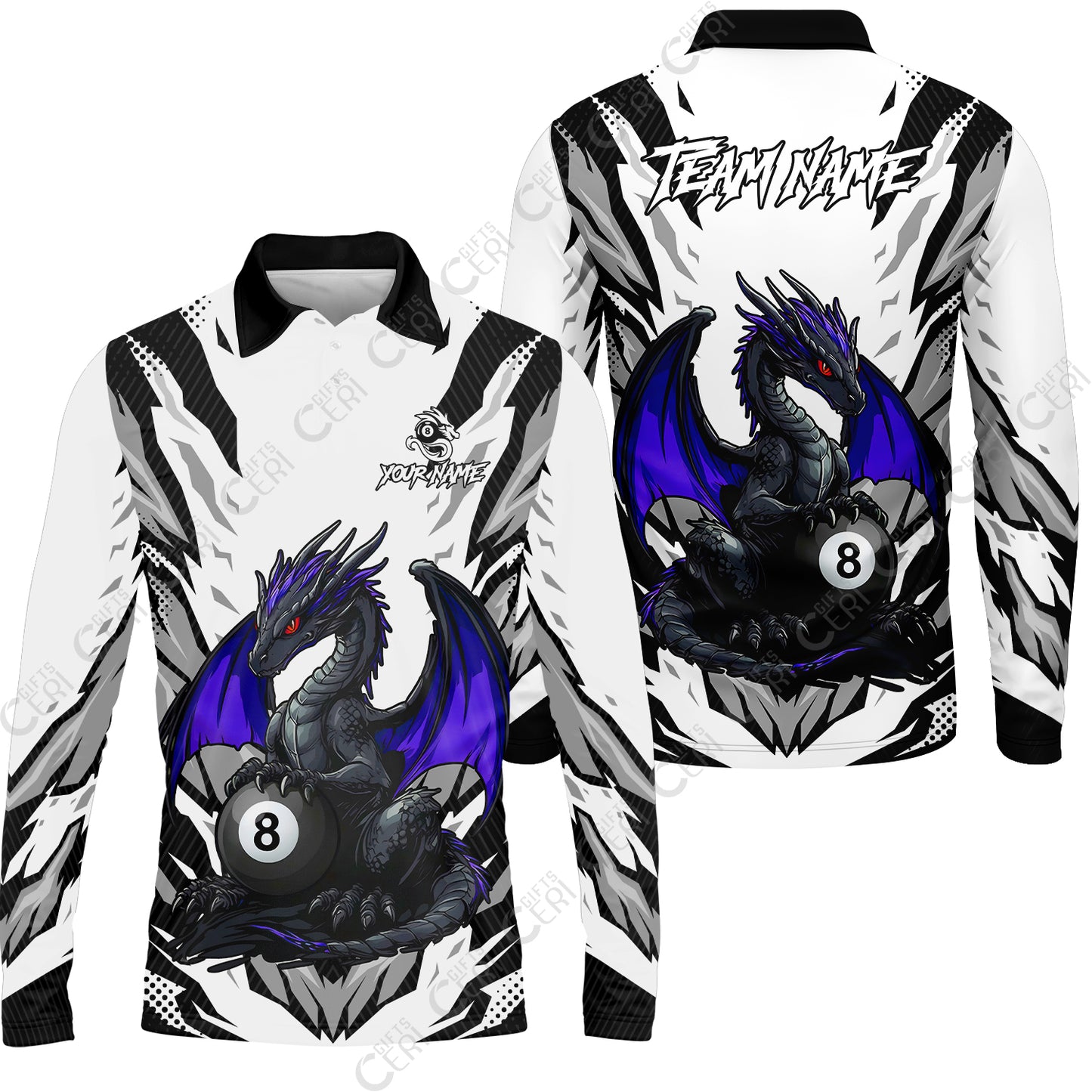 Customized Billiards Long Sleeve Polo Shirt, Personalized Baby Dragon 8 Ball Jersey Gift For Billiard Players