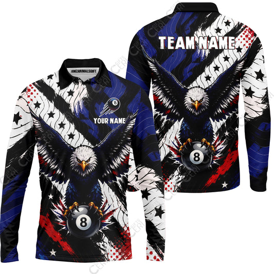 Customized 8 Ball Pool Long Sleeve Polo Shirt, Eagle Holding Ball American Flag 8-ball, Personalized Billiards Jersey