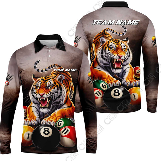 Customized 8 Ball Pool Long Sleeve Polo Shirt, Billiards 8-Ball Colorful Tiger Break, Billiards Jerseys