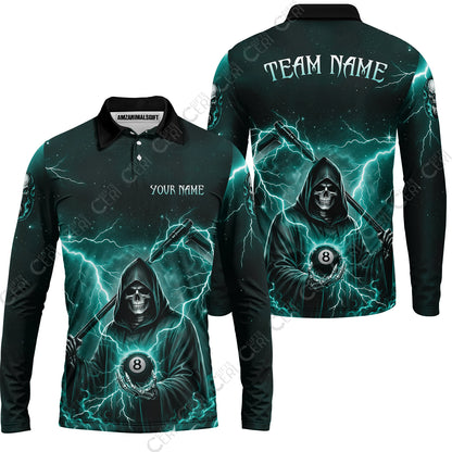 Customized 8 Ball Pool Long Sleeve Polo Shirt, Lightning And Flame Grim Reaper With 8 Ball, Personalized Billiards Jersey