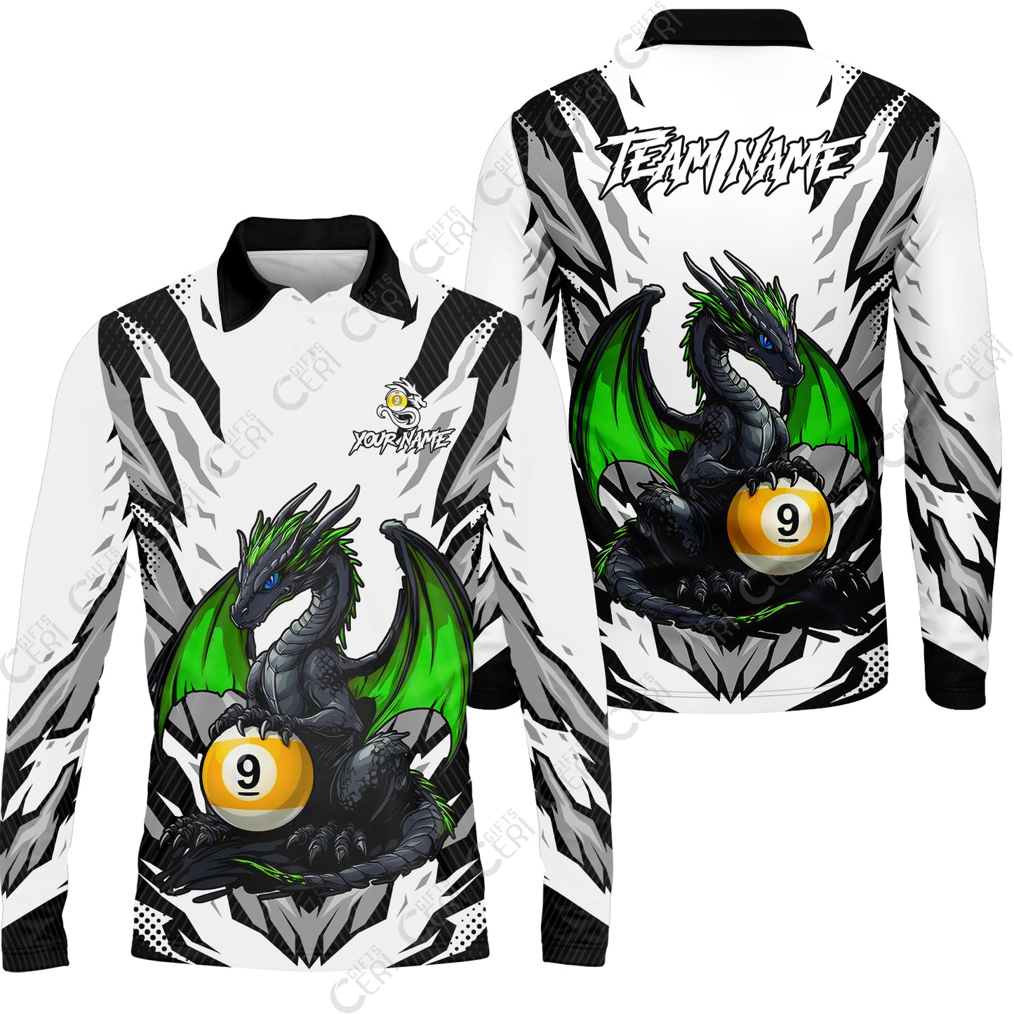 Customized Billiards Long Sleeve Polo Shirt, Personalized Baby Dragon 9 Ball Jersey Gift For Billiard Players