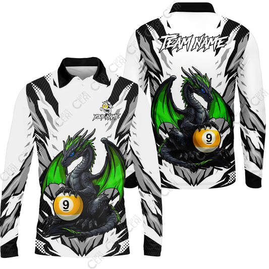 Customized Billiards Long Sleeve Polo Shirt, Personalized Baby Dragon 9 Ball Jersey Gift For Billiard Players