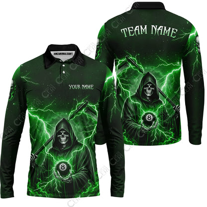 Customized 8 Ball Pool Long Sleeve Polo Shirt, Lightning And Flame Grim Reaper With 8 Ball, Personalized Billiards Jersey