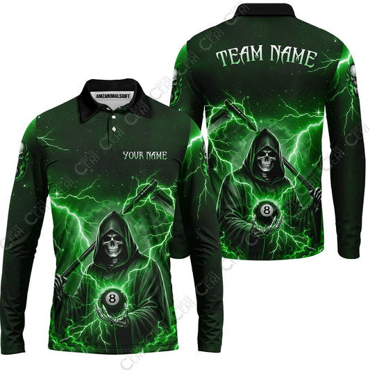 Customized 8 Ball Pool Long Sleeve Polo Shirt, Lightning And Flame Grim Reaper With 8 Ball, Personalized Billiards Jersey