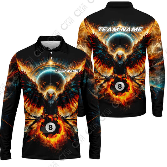 Customized 8 Ball Pool Long Sleeve Polo Shirt, Billiard Phantom 8-Ball Flame Eagle, Billiards Jerseys