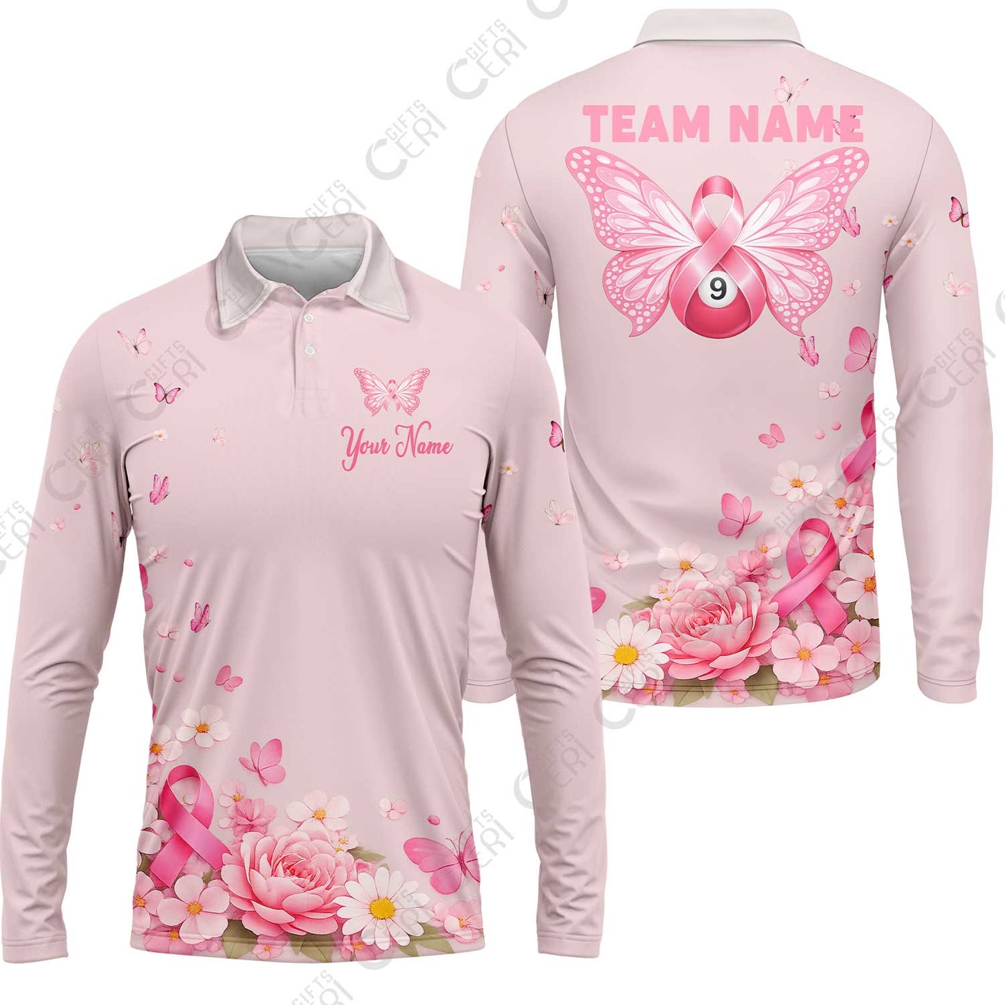 Customized 9 Ball Pool Long Sleeve Polo Shirt, Floral Butterfly Billiards 9-Ball, Personalized Billiards Jersey