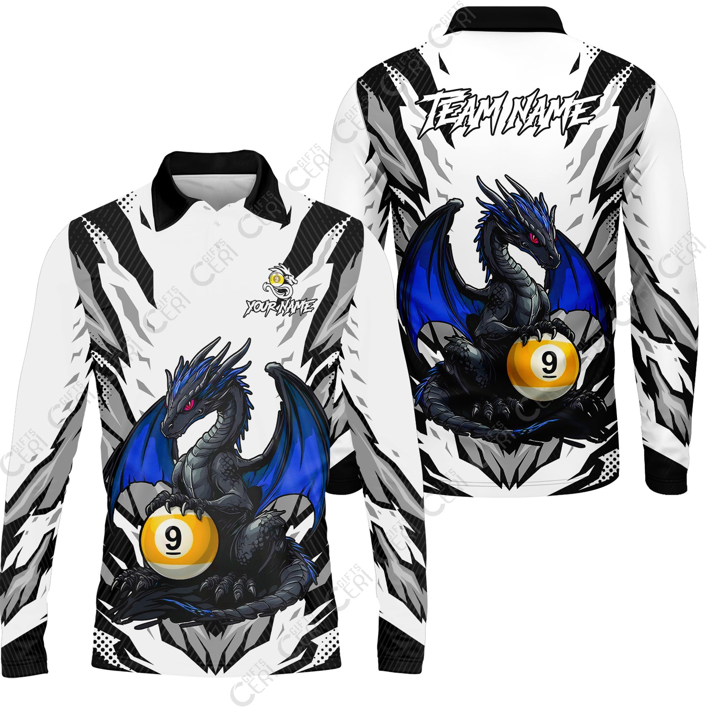 Customized Billiards Long Sleeve Polo Shirt, Personalized Baby Dragon 9 Ball Jersey Gift For Billiard Players