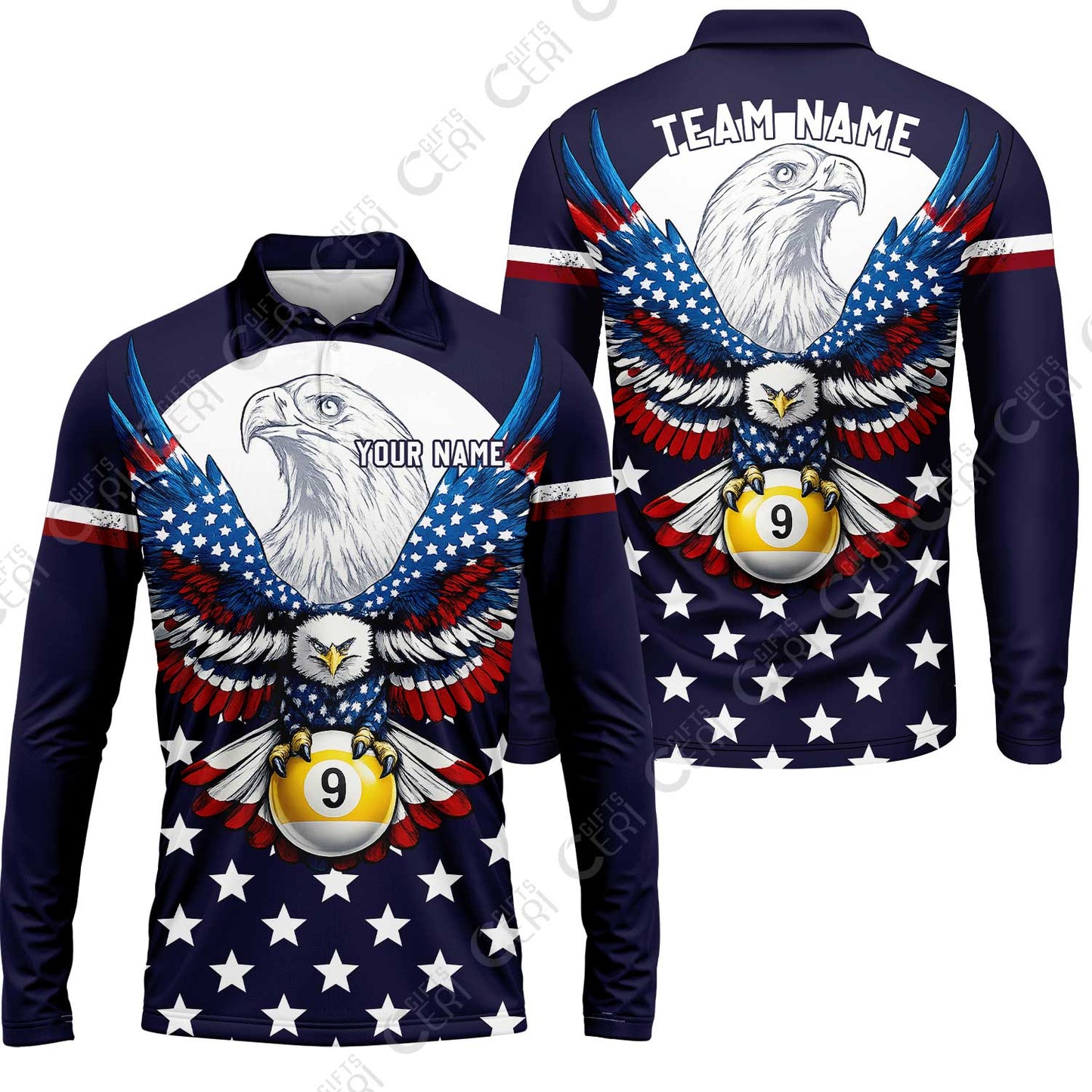 Customized 9 Ball Pool Long Sleeve Polo Shirt, American Eagle Billiards 9-Ball, Personalized Billiards Jersey