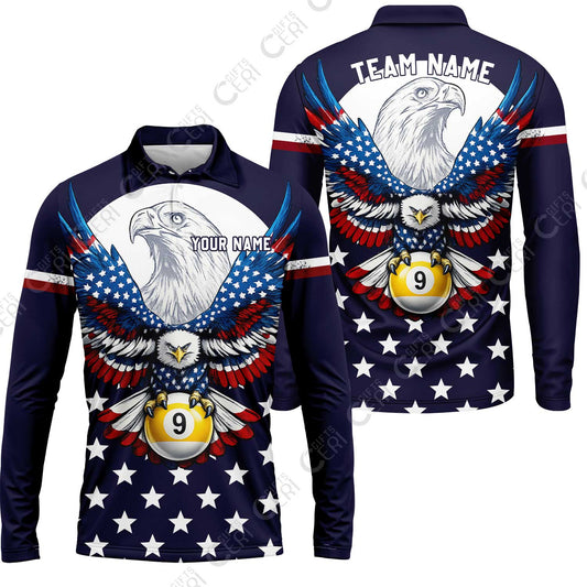 Customized 9 Ball Pool Long Sleeve Polo Shirt, American Eagle Billiards 9-Ball, Personalized Billiards Jersey
