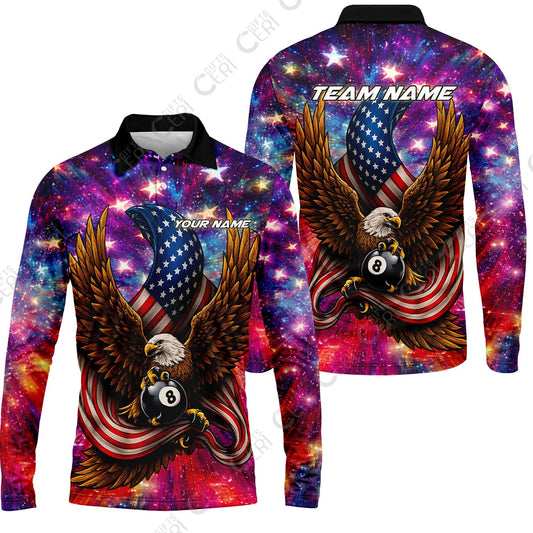 Customized 8 Ball Pool Long Sleeve Polo Shirt, Billiard American Flag Galactic Eagle, Billiards Jerseys