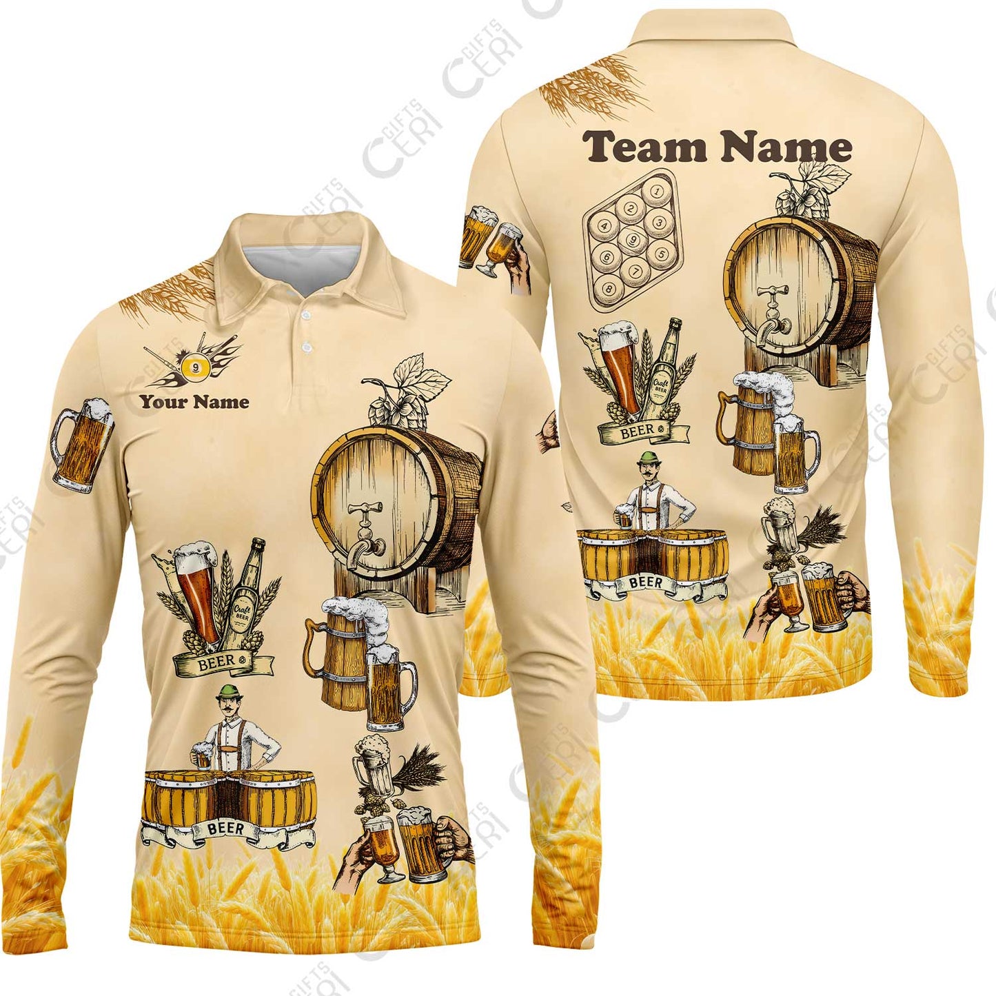 Customized 9 Ball Pool Long Sleeve Polo Shirt, Beer 3 Scale Billiard 9-ball, Personalized Billiards Jersey