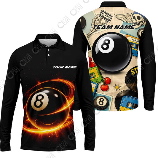 Customized 8 Ball Pool Long Sleeve Polo Shirt, Billiard 8-Ball Retro Vibes, Billiards Jerseys