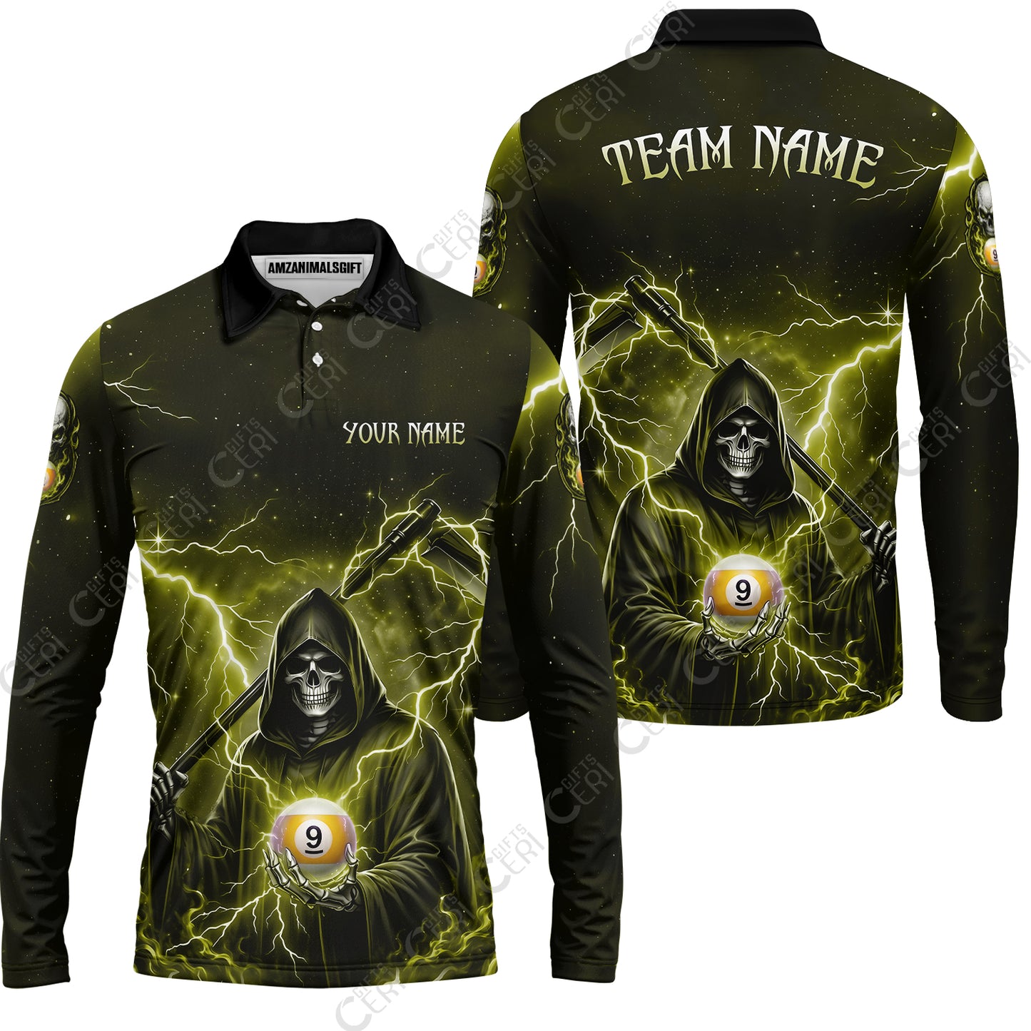Customized 9 Ball Pool Long Sleeve Polo Shirt, Lightning And Flame Grim Reaper With 9 Ball, Personalized Billiards Jersey
