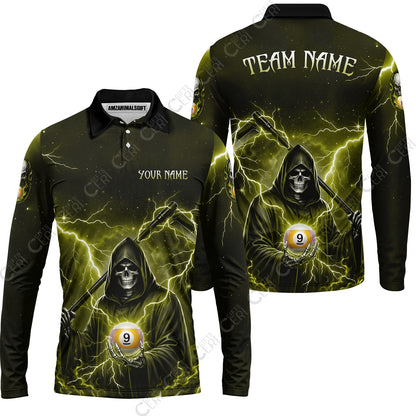 Customized 9 Ball Pool Long Sleeve Polo Shirt, Lightning And Flame Grim Reaper With 9 Ball, Personalized Billiards Jersey