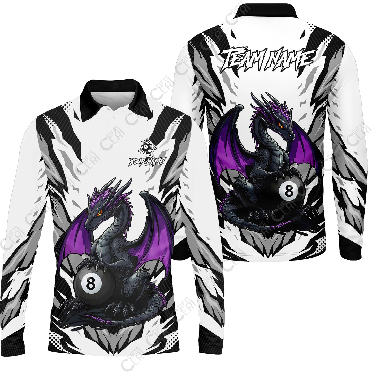 Customized Billiards Long Sleeve Polo Shirt, Personalized Baby Dragon 8 Ball Jersey Gift For Billiard Players