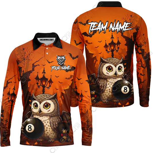 Customized 8 Ball Pool Long Sleeve Polo Shirt, Halloween Owl Holding 8-Ball, Personalized Billiards Jersey