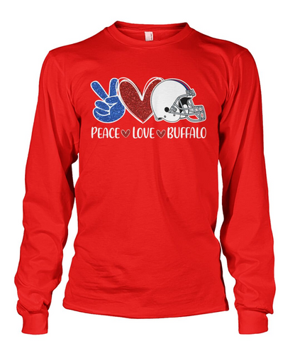 Buffalo American Football Peace Love Blue Red Long Sleeve Shirt For Men Women Family Love Buffalo Sport, Perfect Outfit For Football Lovers