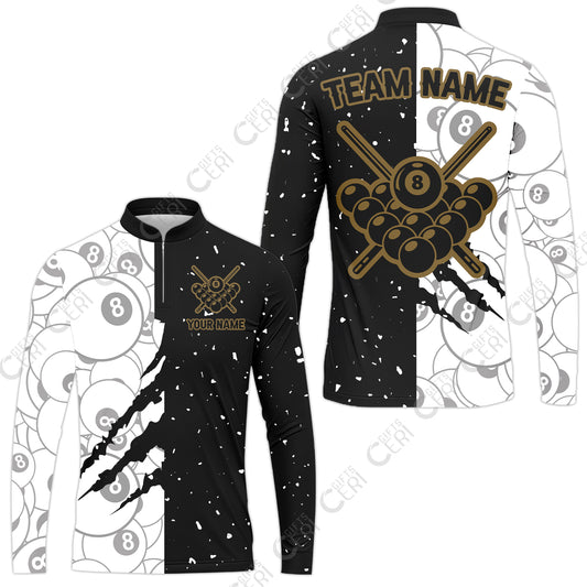 Customized Billiards Stand Collar Quarter-Zip Long Sleeve Jersey, Triangle Rack Of Balls With Crossed Cue Sticks 8 Ball Pool Jersey