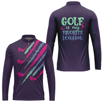 Purple Gradient Womens Golf Polo Shirt Custom Name Golf Is My Favorite Season, Golf Gifts For Women