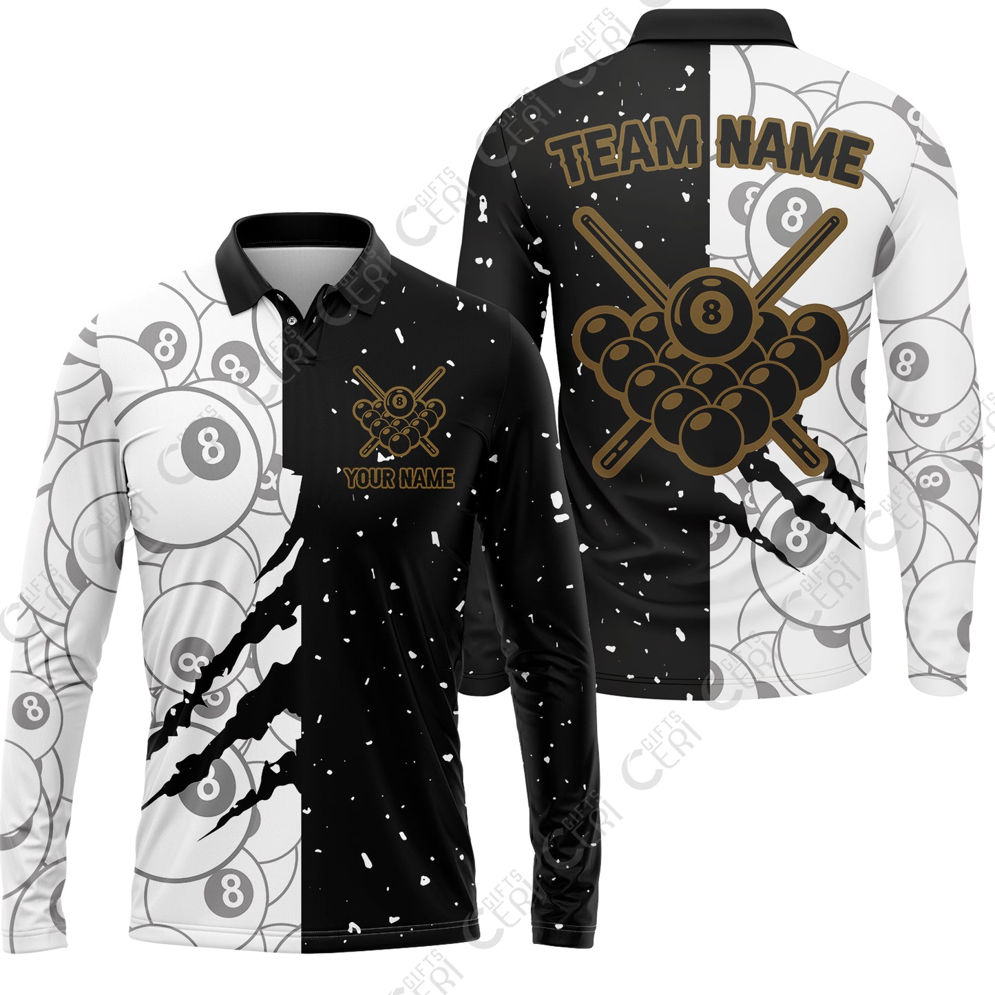 Customized Billiards Long Sleeve Polo Shirt, Triangle Rack Of Balls With Crossed Cue Sticks 8 Ball Pool Jersey