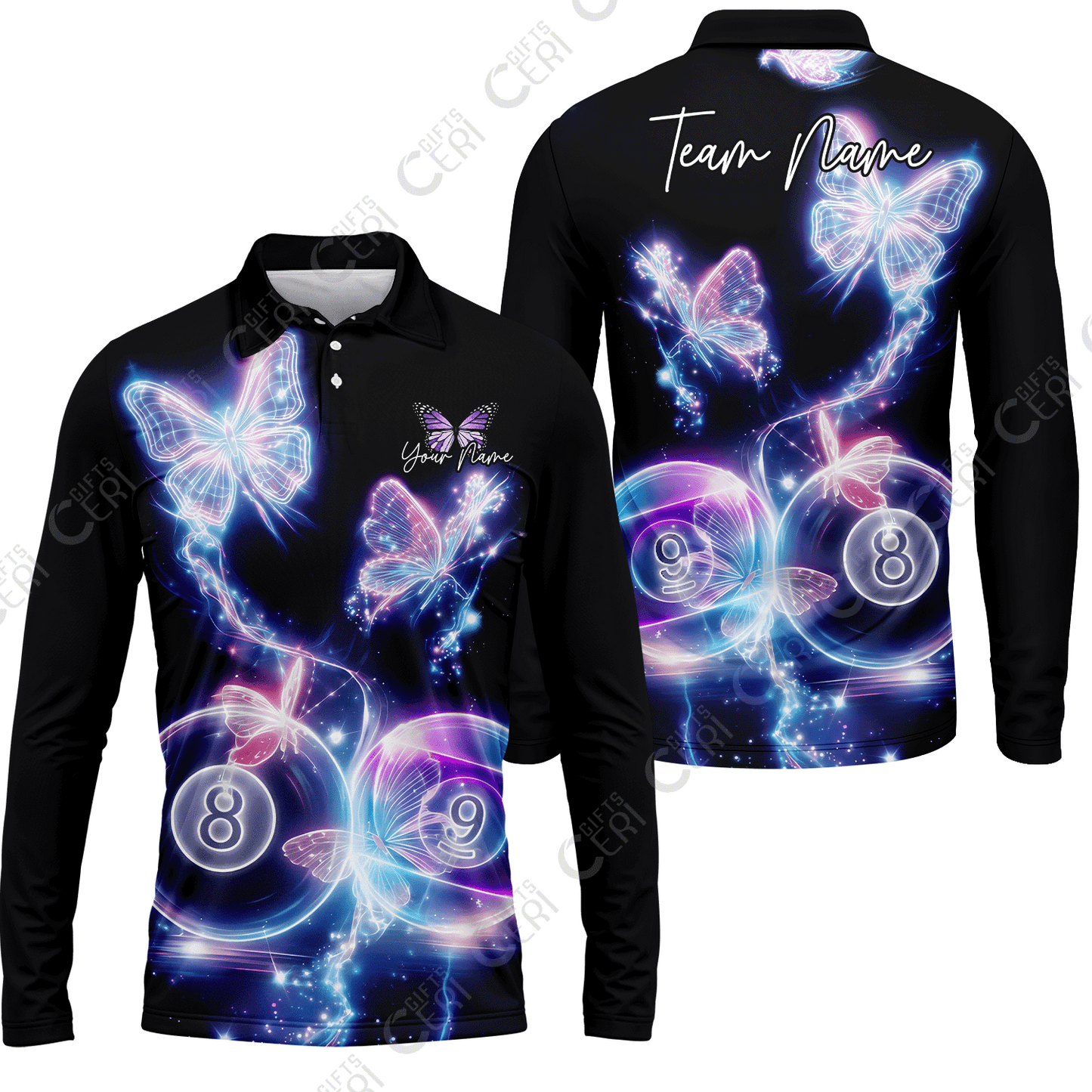 Customized Billiards Long Sleeve Polo Shirt, 8 & 9 Ball Neon Butterfly Galaxy Jersey, Billiards Jerseys
